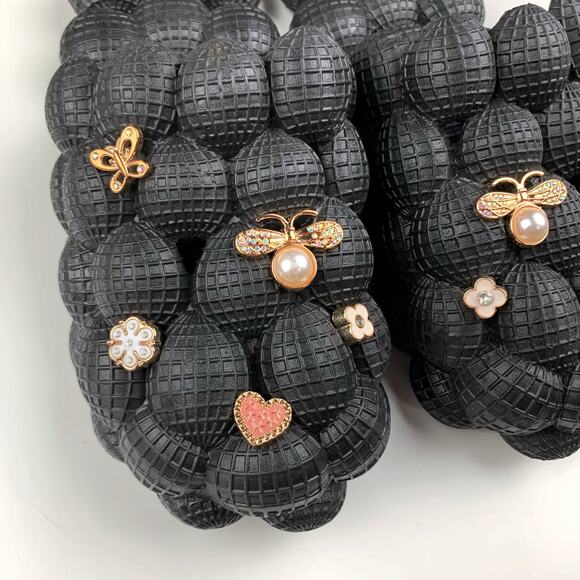 Massage Bubble Slides Black Slip On Sparkly Charms Flowers Butterfly Women's 10 - Picture 2 of 9